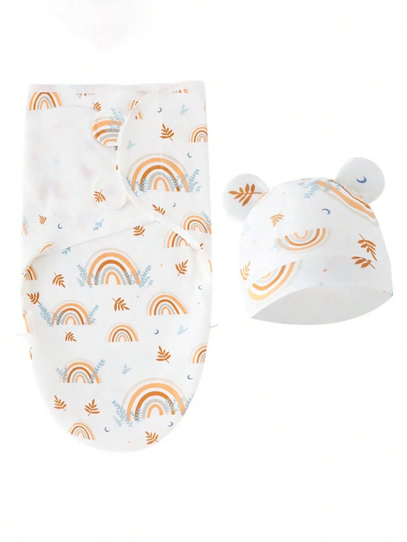 2pcs Newborn Baby Girls' Printed Cotton Hat And Swaddle Blanket Set For Spring/Summer