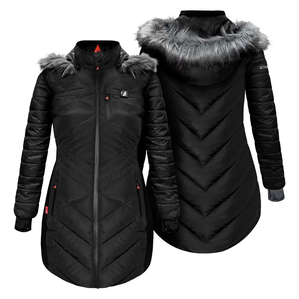 ActionHeat Women's 5V Battery Heated Long Puffer Jacket with Hood Black M