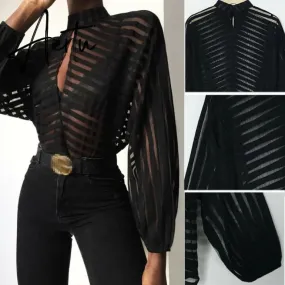 Aiertu Sexy Black Women Mesh Sheer Blouses Ladies Long Sleeve Striped Front Hollow Out Transparent Shirts Blusas Mujer Camisas