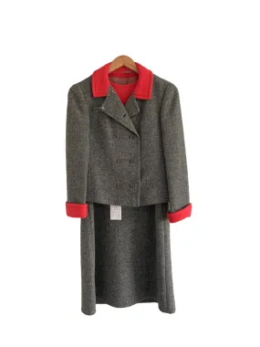 André Peters Vintage Wool Mix Sleeveless Dress and Jacket Grey and Red UK Size 12