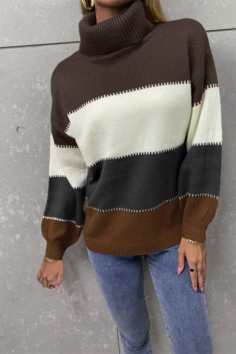 Angel Wings Color Block Lantern Sleeve Turtleneck Sweater