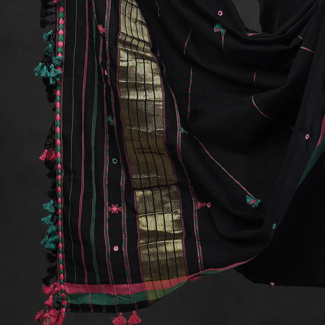 Black - 3pc Bhujodi Mirror Work Handloom Cotton Suit Material Set 11