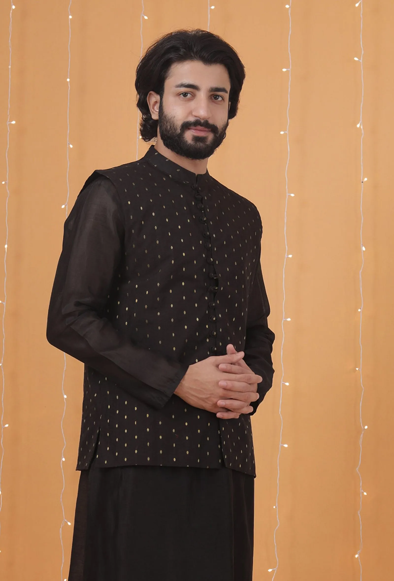 Black Dobby Chanderi Nehru Jacket