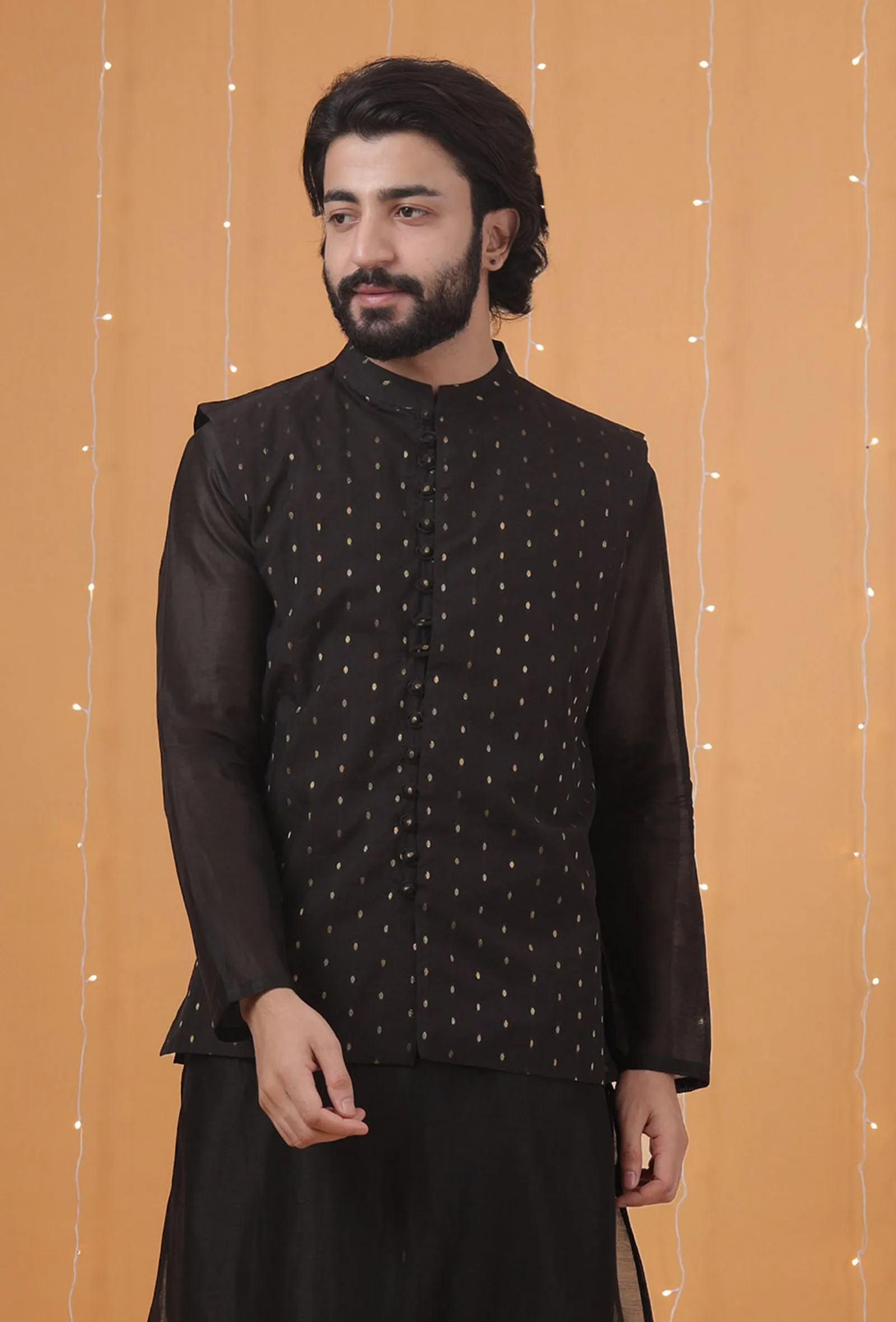 Black Dobby Chanderi Nehru Jacket