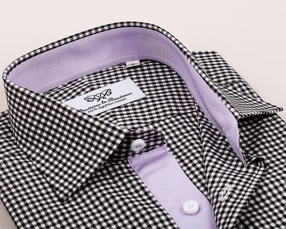 Black Gingham Check Formal Business Dress Shirt Lilac Royal Oxford Fashion