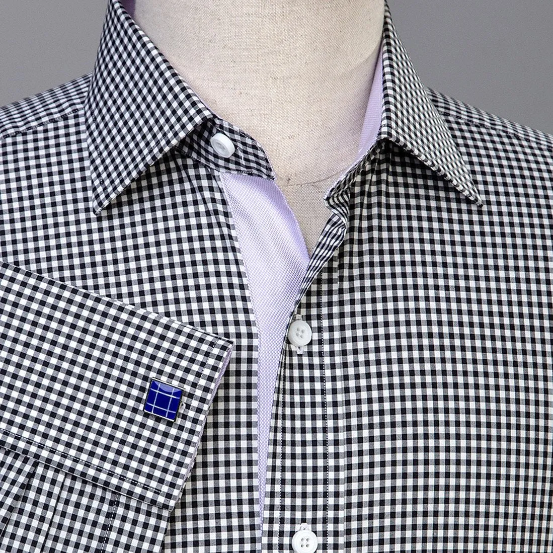 Black Gingham Check Formal Business Dress Shirt Lilac Royal Oxford Fashion