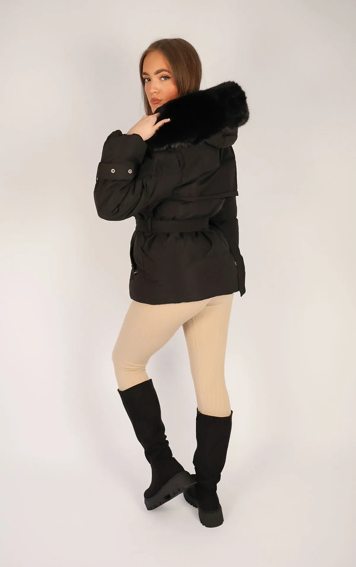 Black Puffer Coat With Faux Fur Trim Hood and Waist Belt