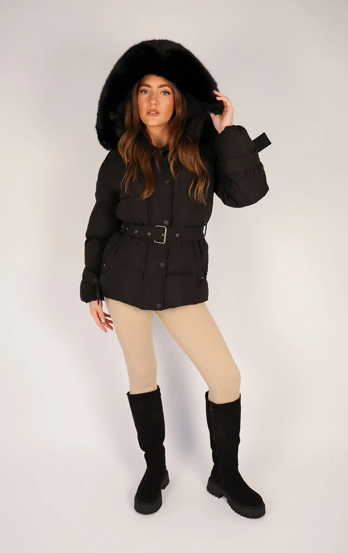 Black Puffer Coat With Faux Fur Trim Hood and Waist Belt