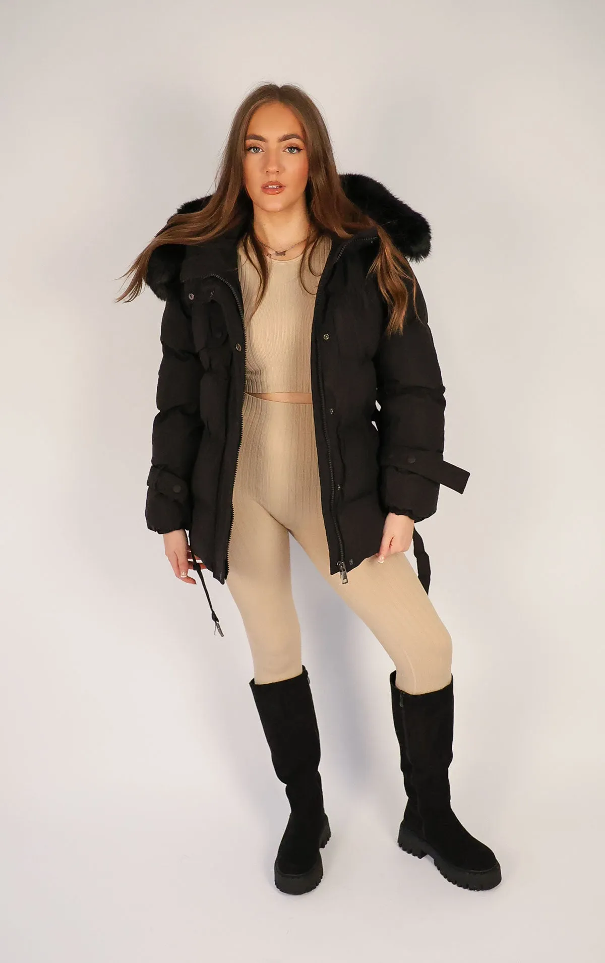 Black Puffer Coat With Faux Fur Trim Hood and Waist Belt