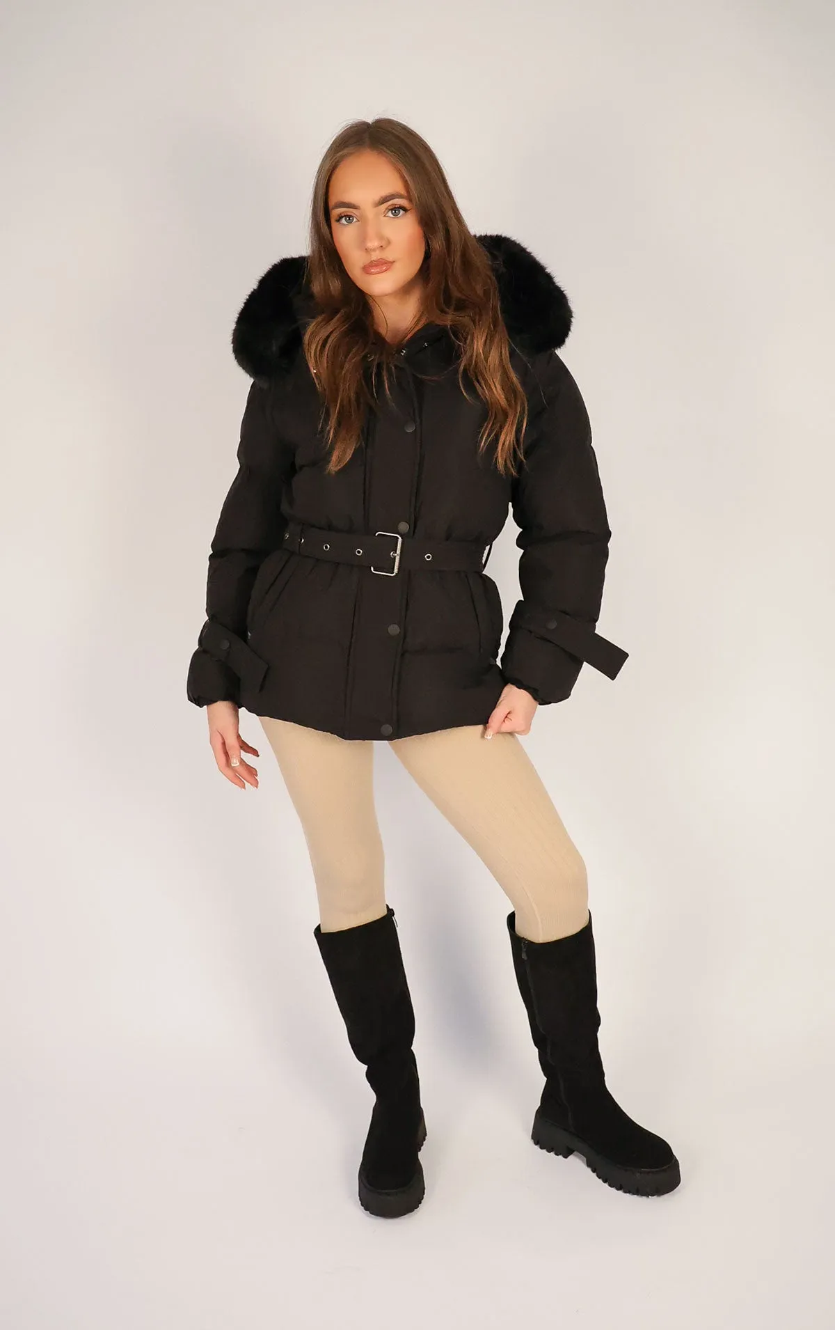 Black Puffer Coat With Faux Fur Trim Hood and Waist Belt