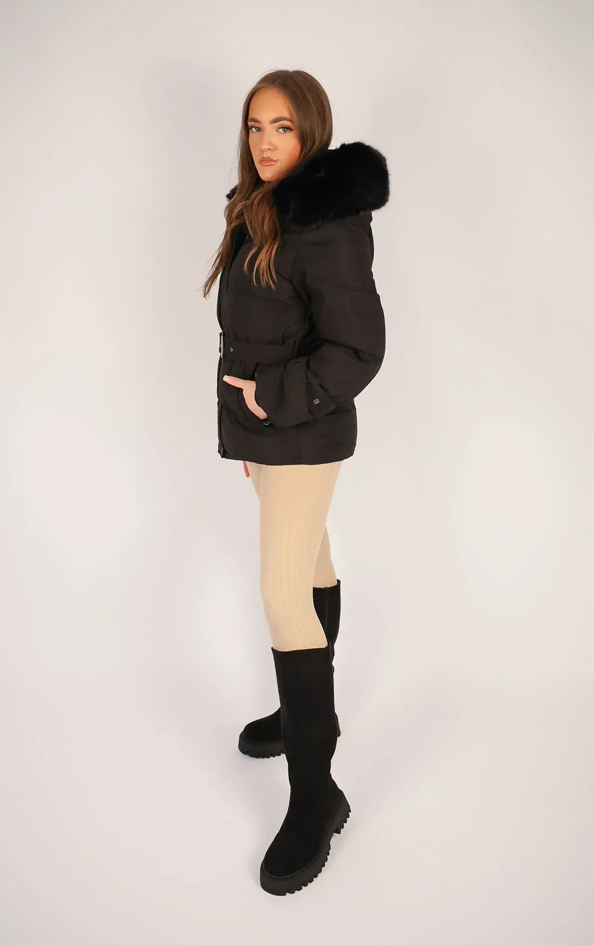 Black Puffer Coat With Faux Fur Trim Hood and Waist Belt