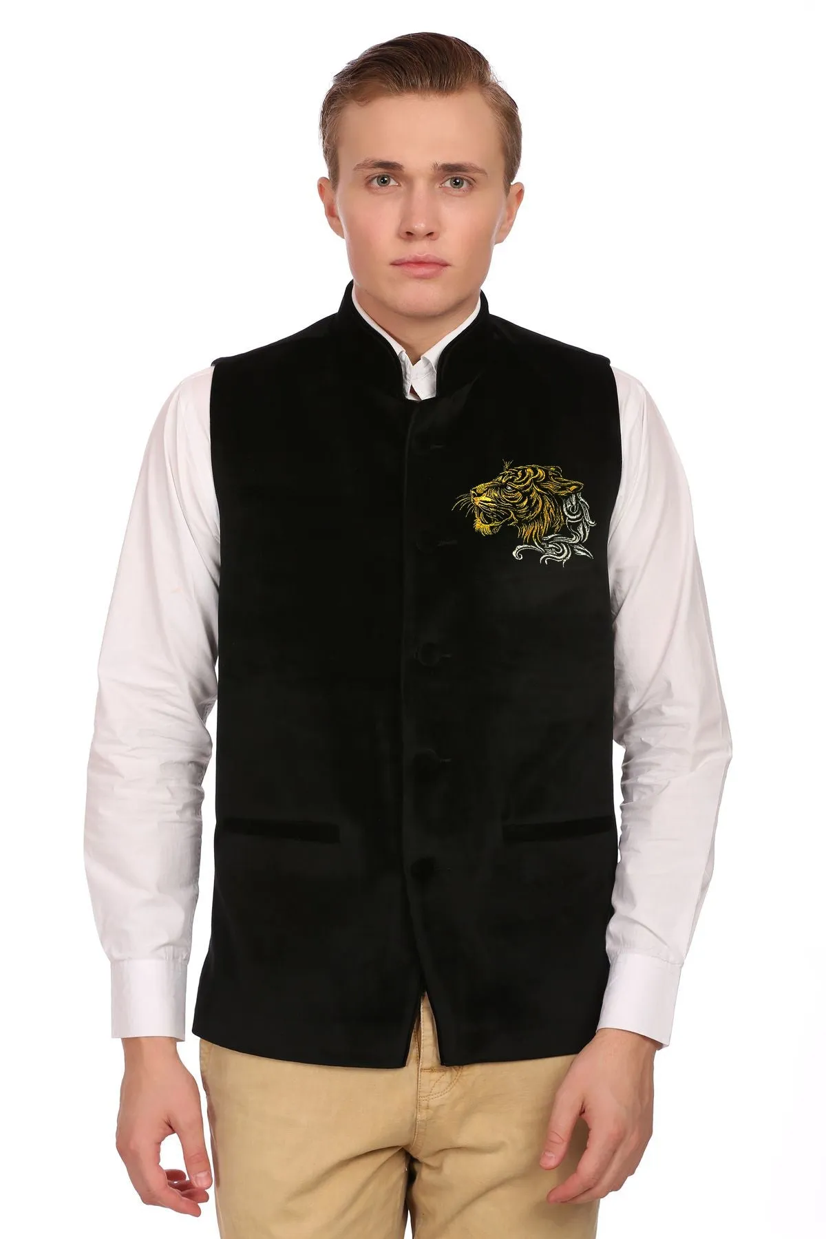 Black Velvet Nehru Jacket with Gold Embroidery