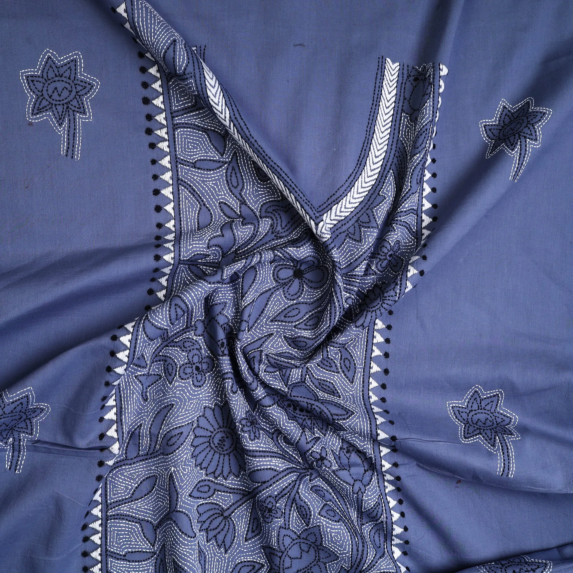 Blue - Bengal Kantha Embroidery Cotton Kurta Material - (2.7m) 35