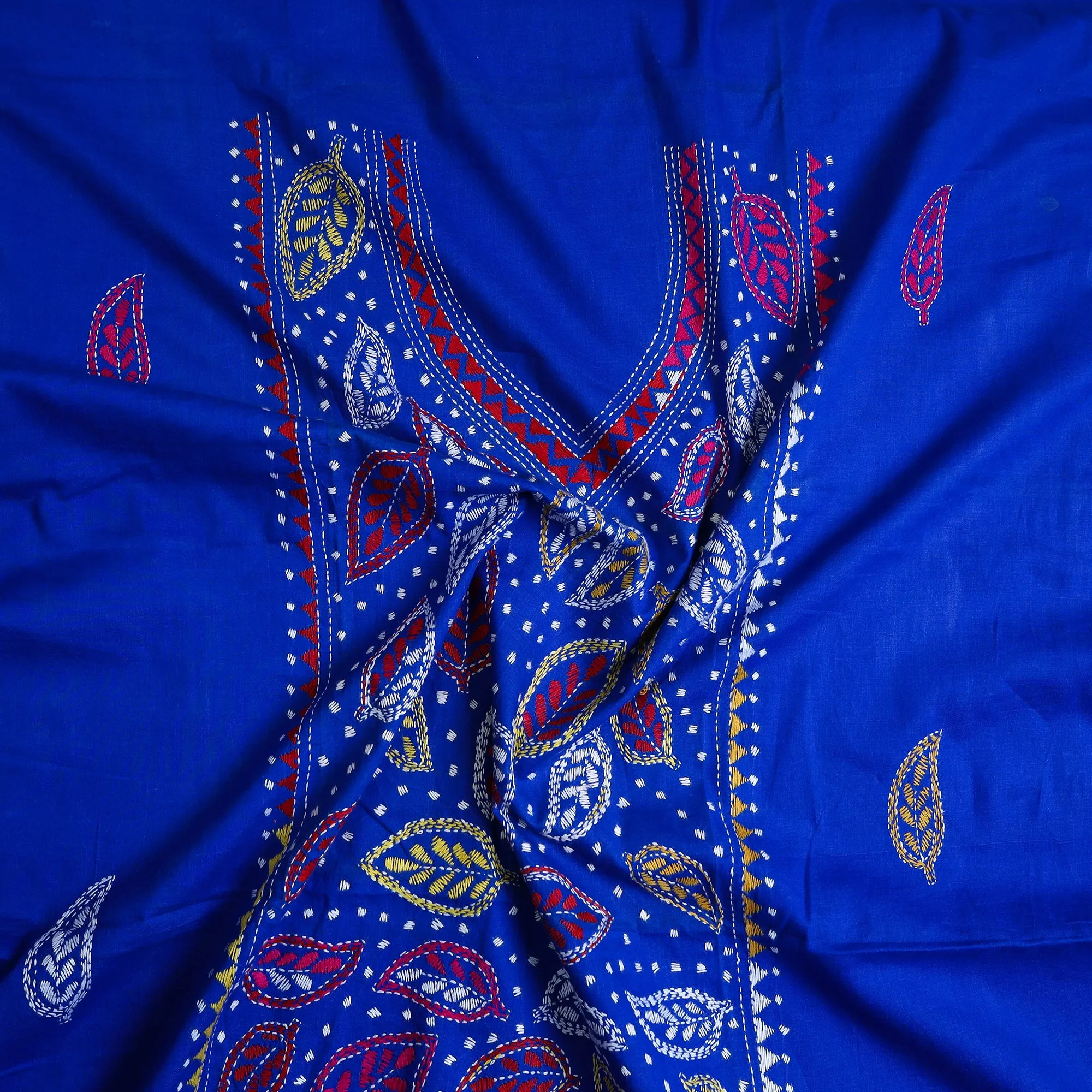 Blue - Bengal Kantha Embroidery Cotton Kurta Material - (2.8m) 03