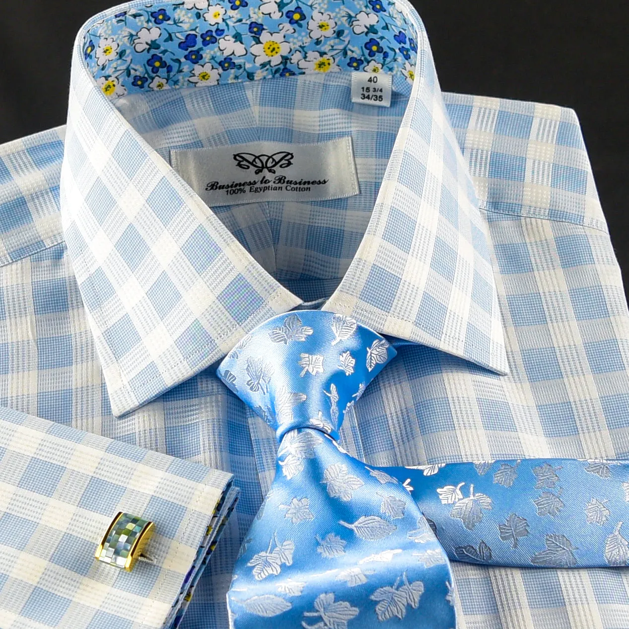 Blue Check Formal Business Dress Shirt Wih Blue Floral Inner Lining Double Cuff)