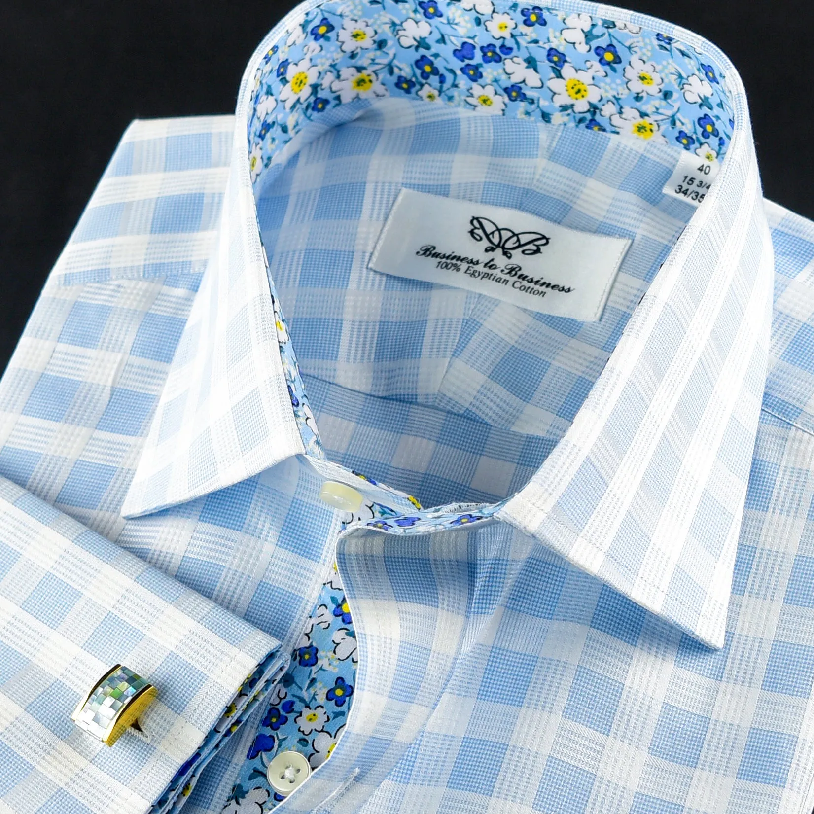 Blue Check Formal Business Dress Shirt Wih Blue Floral Inner Lining Double Cuff)