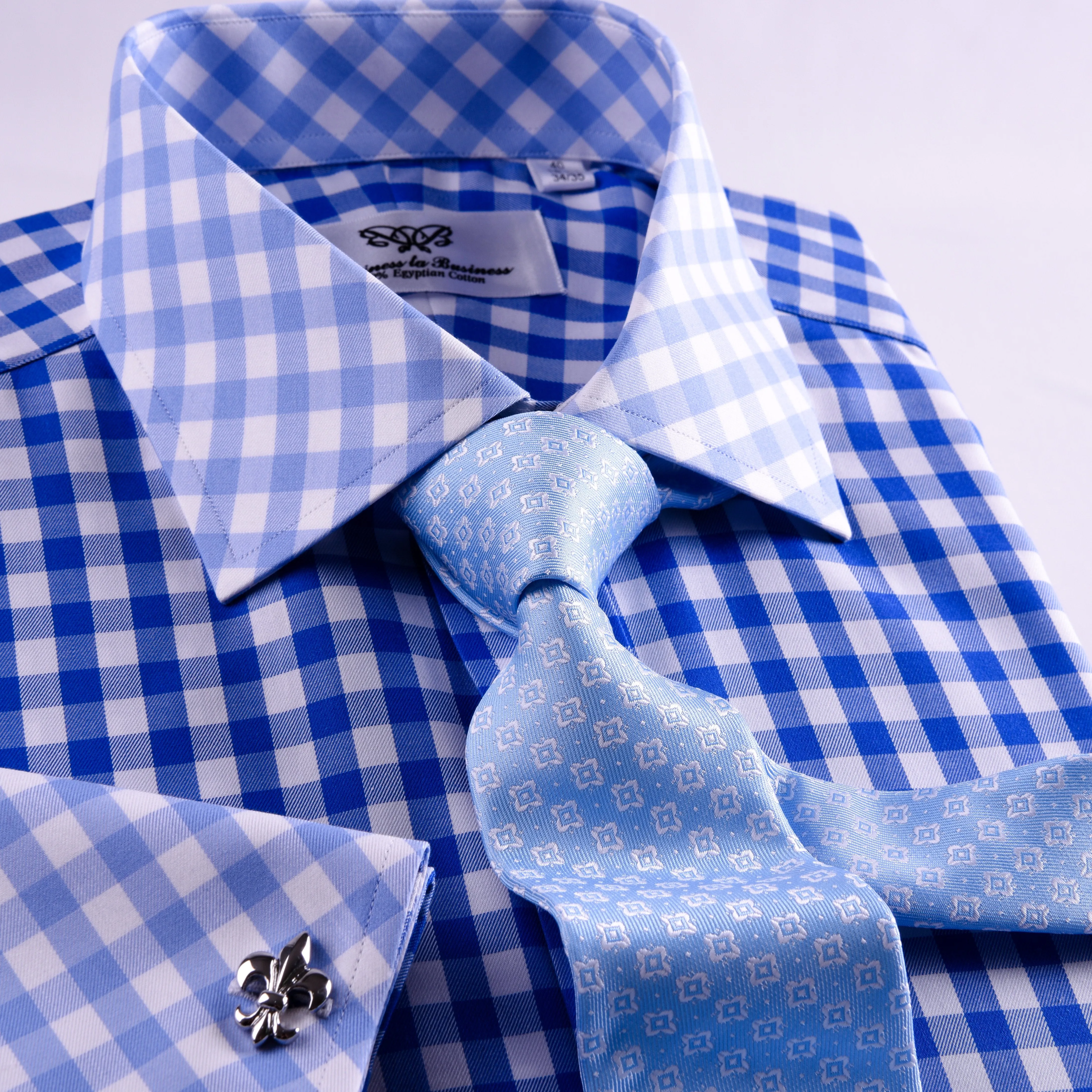 Blue Gingham Check Formal Business Dress Shirt Designer Checkered With Contrast Light Blue Collar And Cuffs