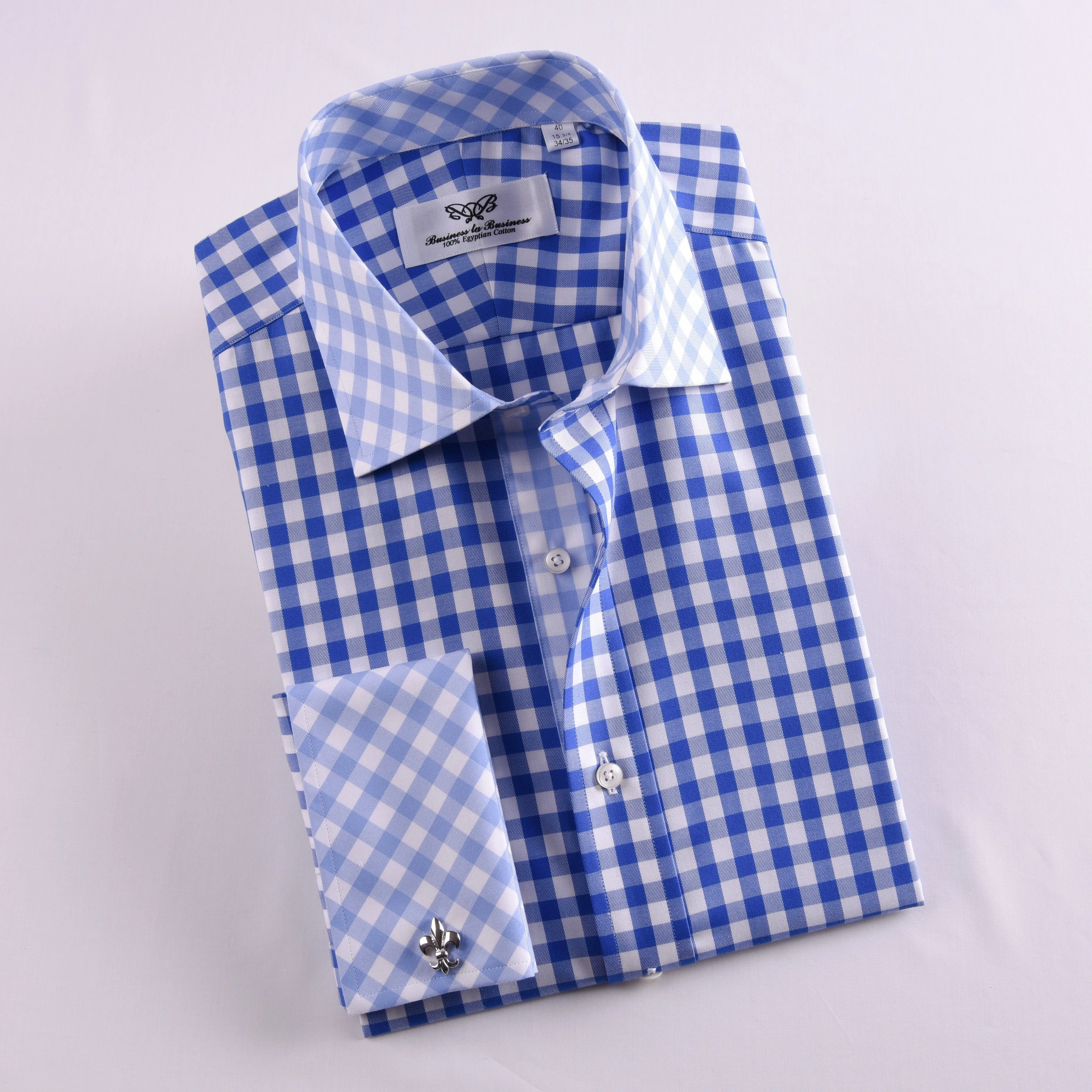 Blue Gingham Check Formal Business Dress Shirt Designer Checkered With Contrast Light Blue Collar And Cuffs