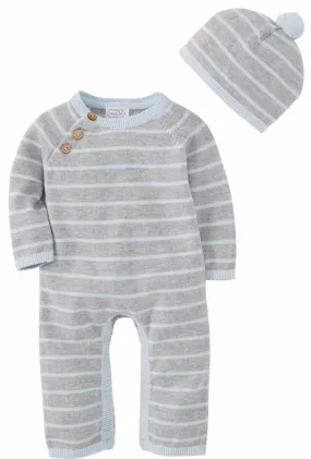 Blue Grey Knitted Coverall & Pom Hat Gift Set