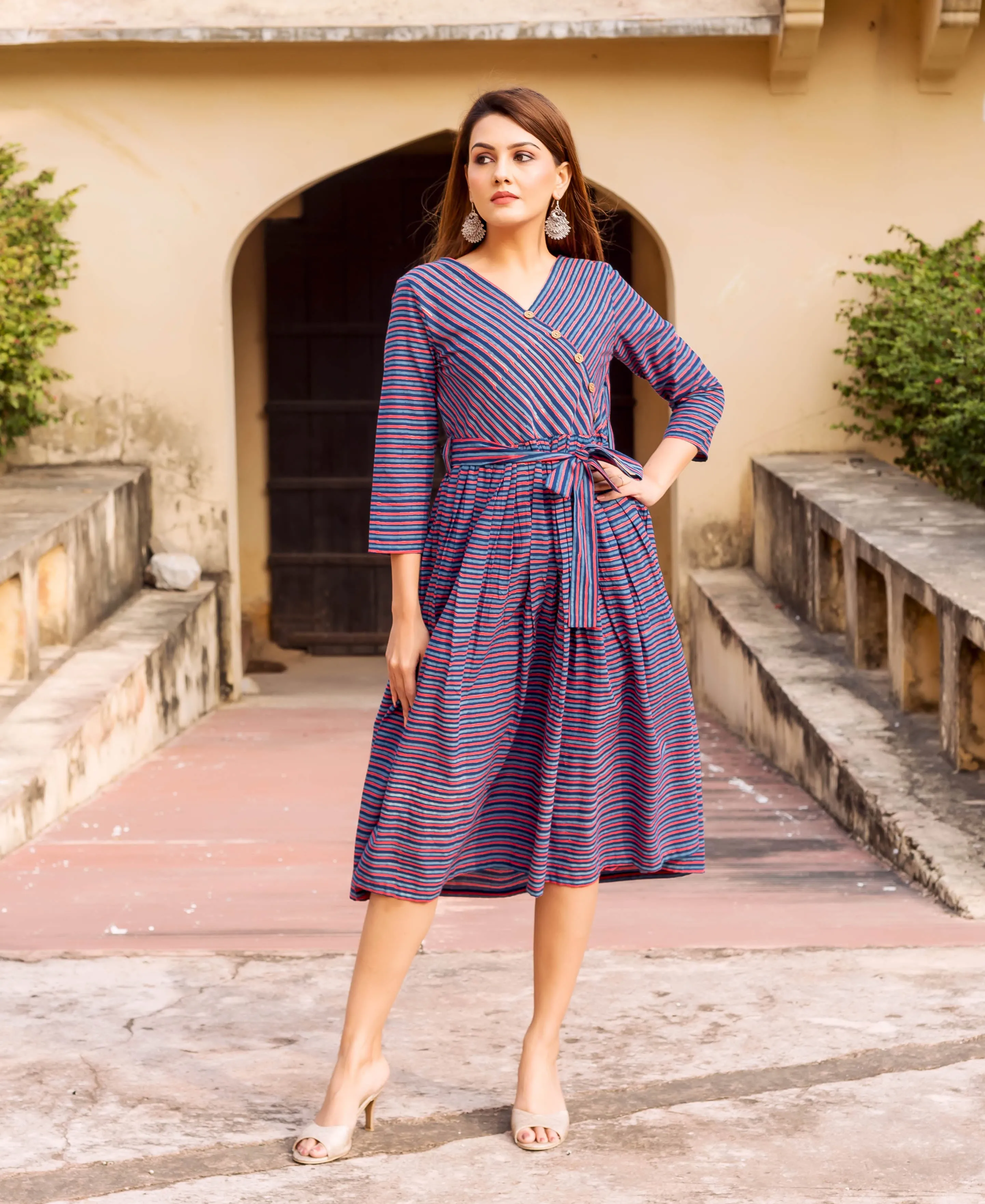 Blue Hand Block Printed Drop Waist Dress