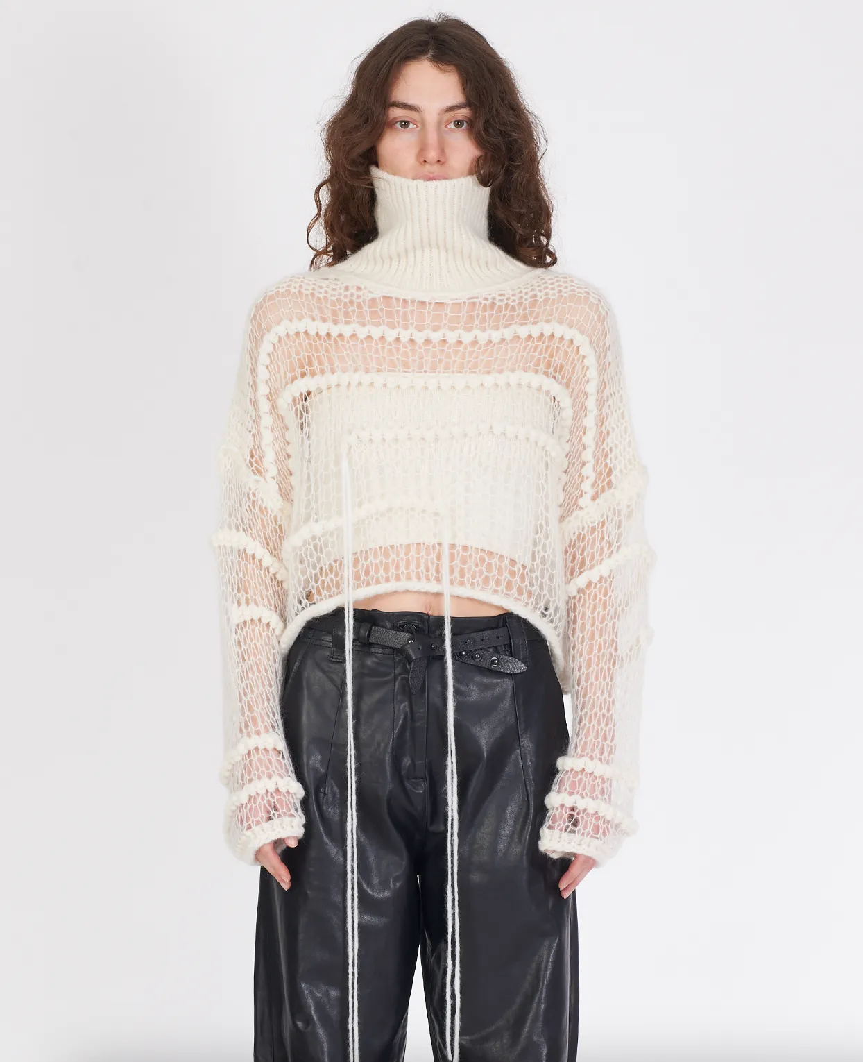 Boxy Turtleneck Mesh Sweater - White