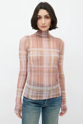 Brown & Multi Plaid Semi Sheer Turtleneck Top