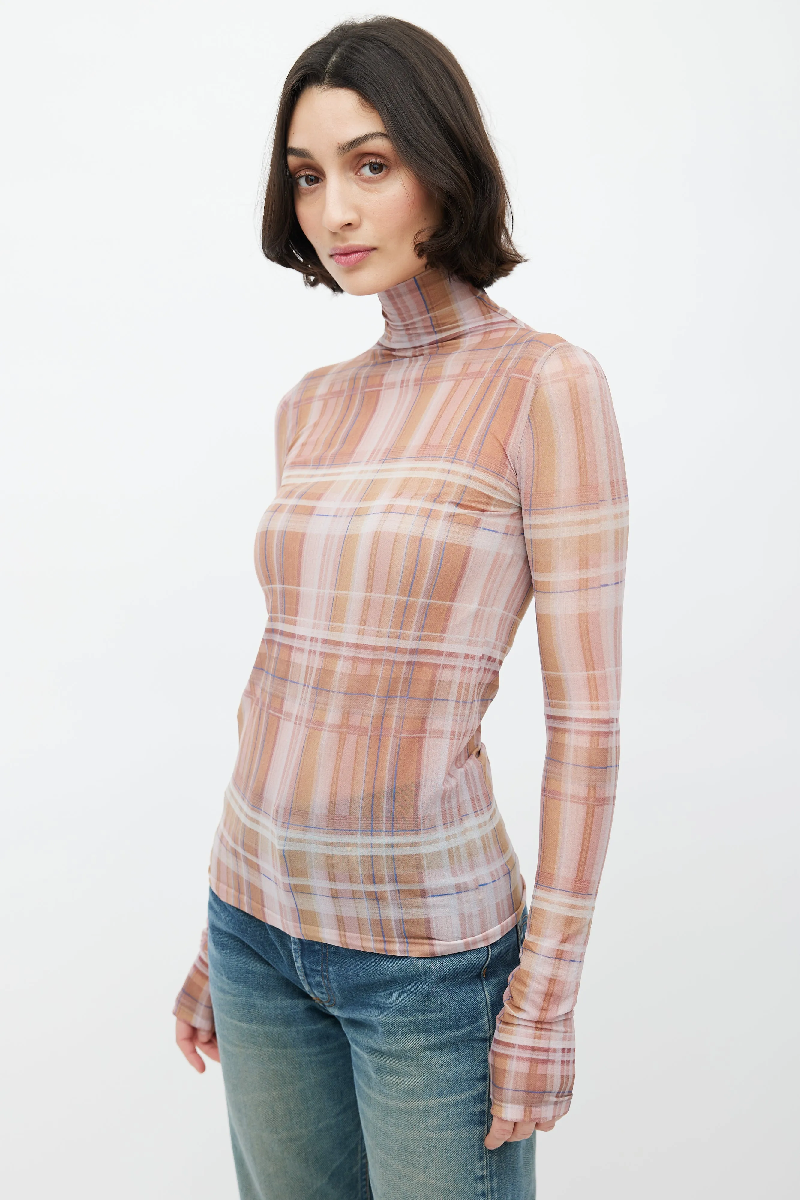 Brown & Multi Plaid Semi Sheer Turtleneck Top