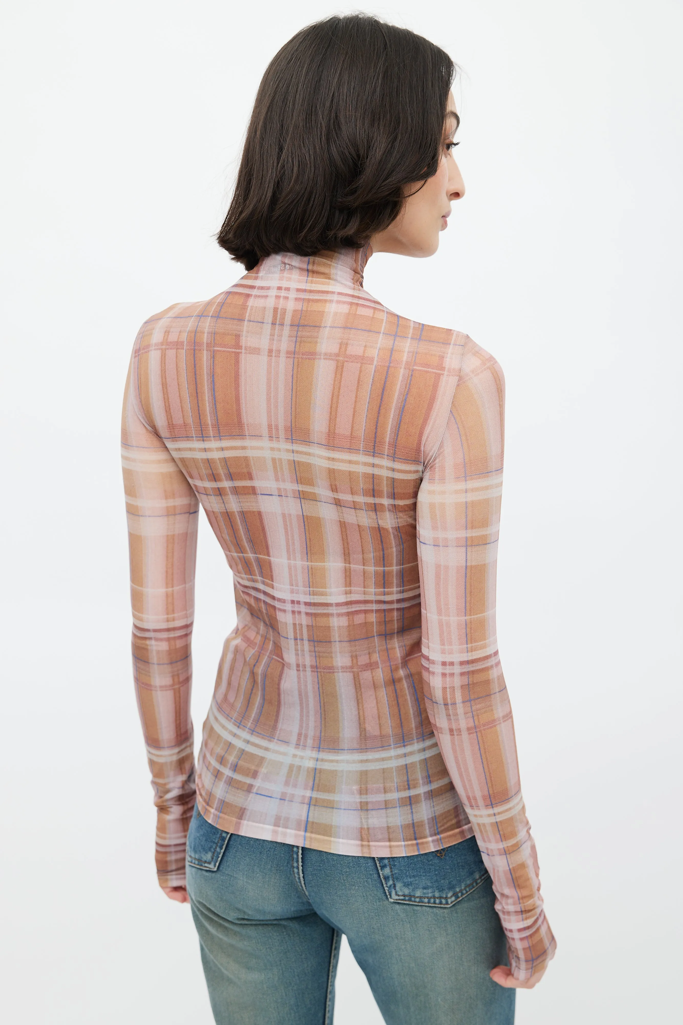 Brown & Multi Plaid Semi Sheer Turtleneck Top