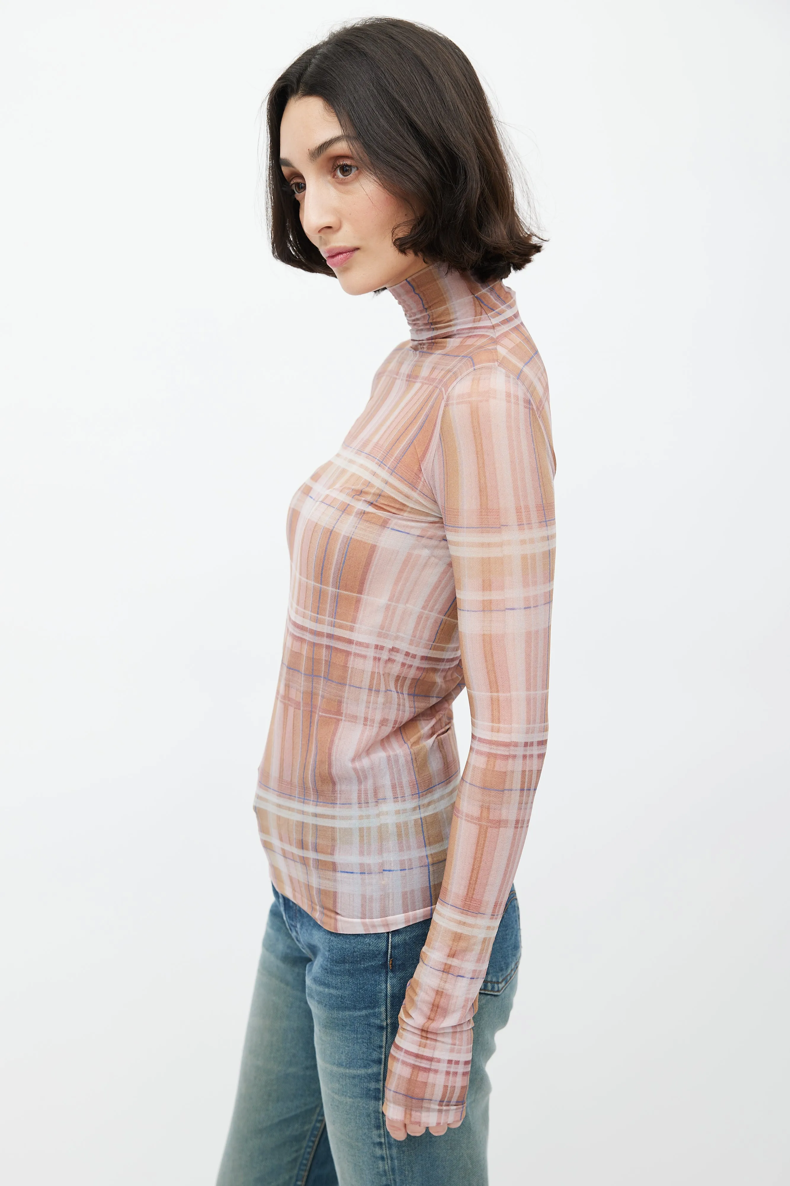 Brown & Multi Plaid Semi Sheer Turtleneck Top