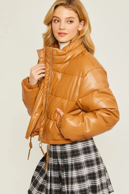 Camel PU Faux Leather Puffer Jacket With Snap Closure