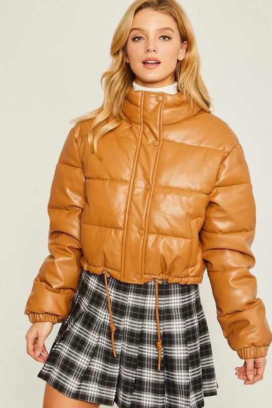 Camel PU Faux Leather Puffer Jacket With Snap Closure