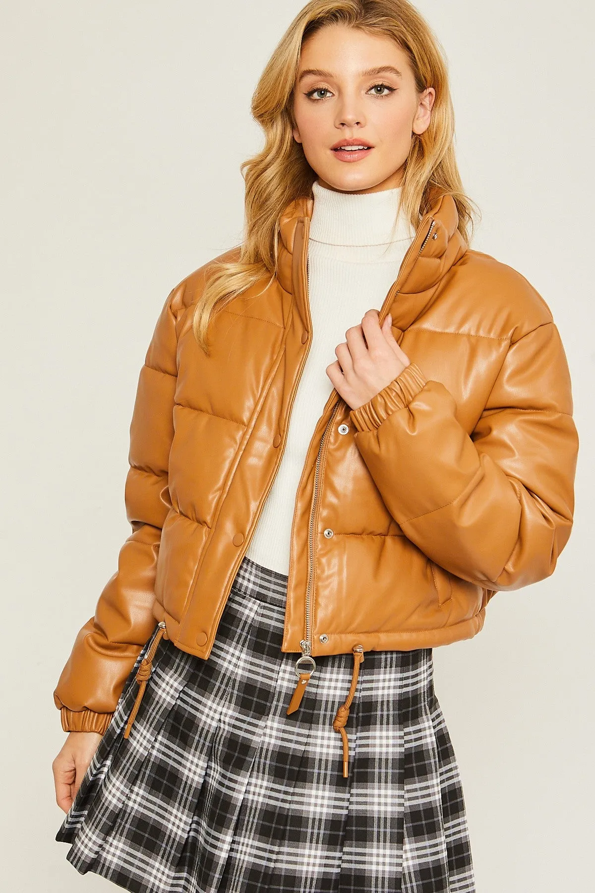 Camel PU Faux Leather Puffer Jacket With Snap Closure