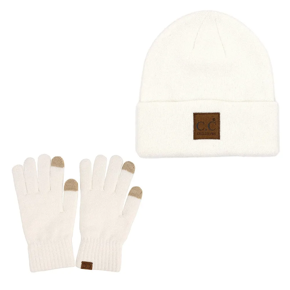 C.C Unisex Eco Classic Cuff Skull Cap Winter Knit Beanie & Touchscreen Glove Set