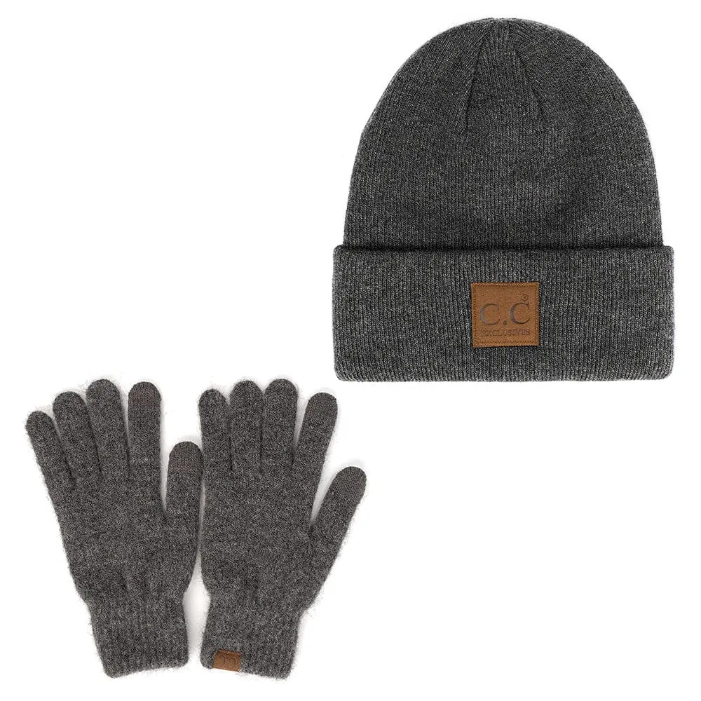 C.C Unisex Eco Classic Cuff Skull Cap Winter Knit Beanie & Touchscreen Glove Set