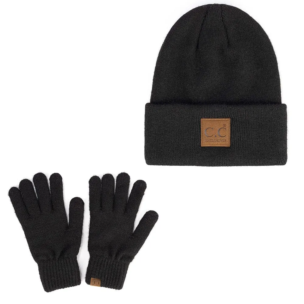 C.C Unisex Eco Classic Cuff Skull Cap Winter Knit Beanie & Touchscreen Glove Set