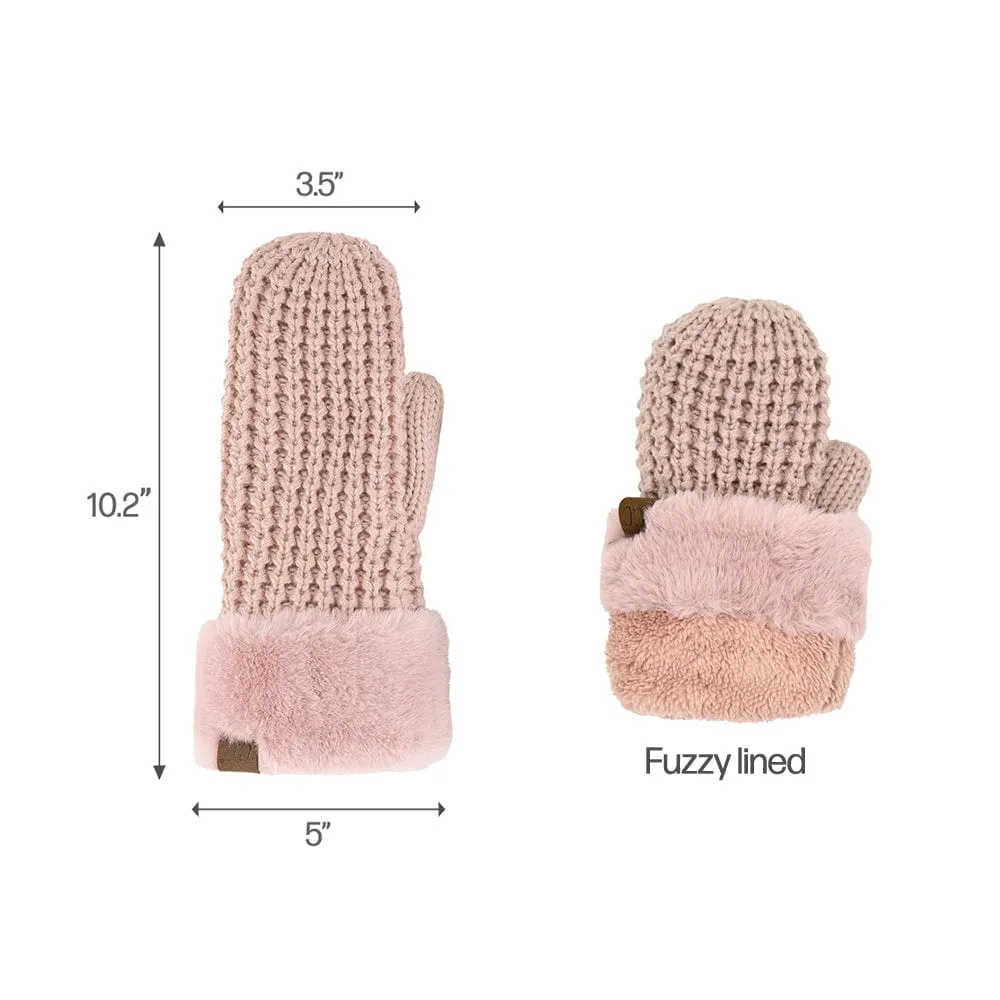 C.C Women Waffle Knit Fuzzy Sherpa Lined Pom Beanie & Mitten Winter Gloves Set