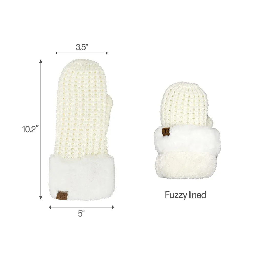 C.C Women Waffle Knit Fuzzy Sherpa Lined Pom Beanie & Mitten Winter Gloves Set