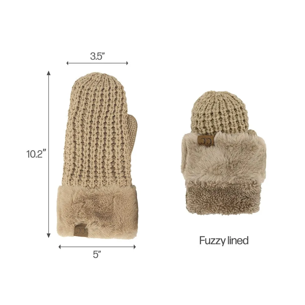 C.C Women Waffle Knit Fuzzy Sherpa Lined Pom Beanie & Mitten Winter Gloves Set