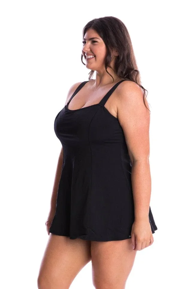 Chlorine Resistant Black Wide Strap Panelled Swim Dress - NO PANT