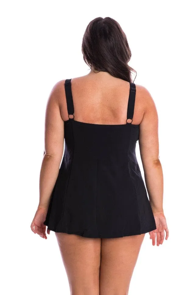 Chlorine Resistant Black Wide Strap Panelled Swim Dress - NO PANT