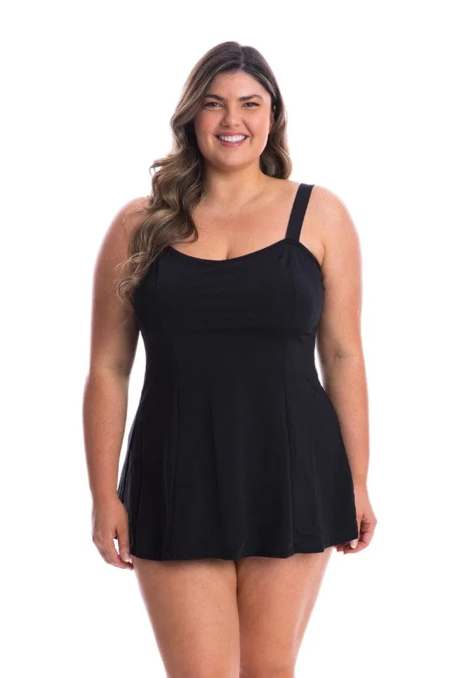 Chlorine Resistant Black Wide Strap Panelled Swim Dress - NO PANT