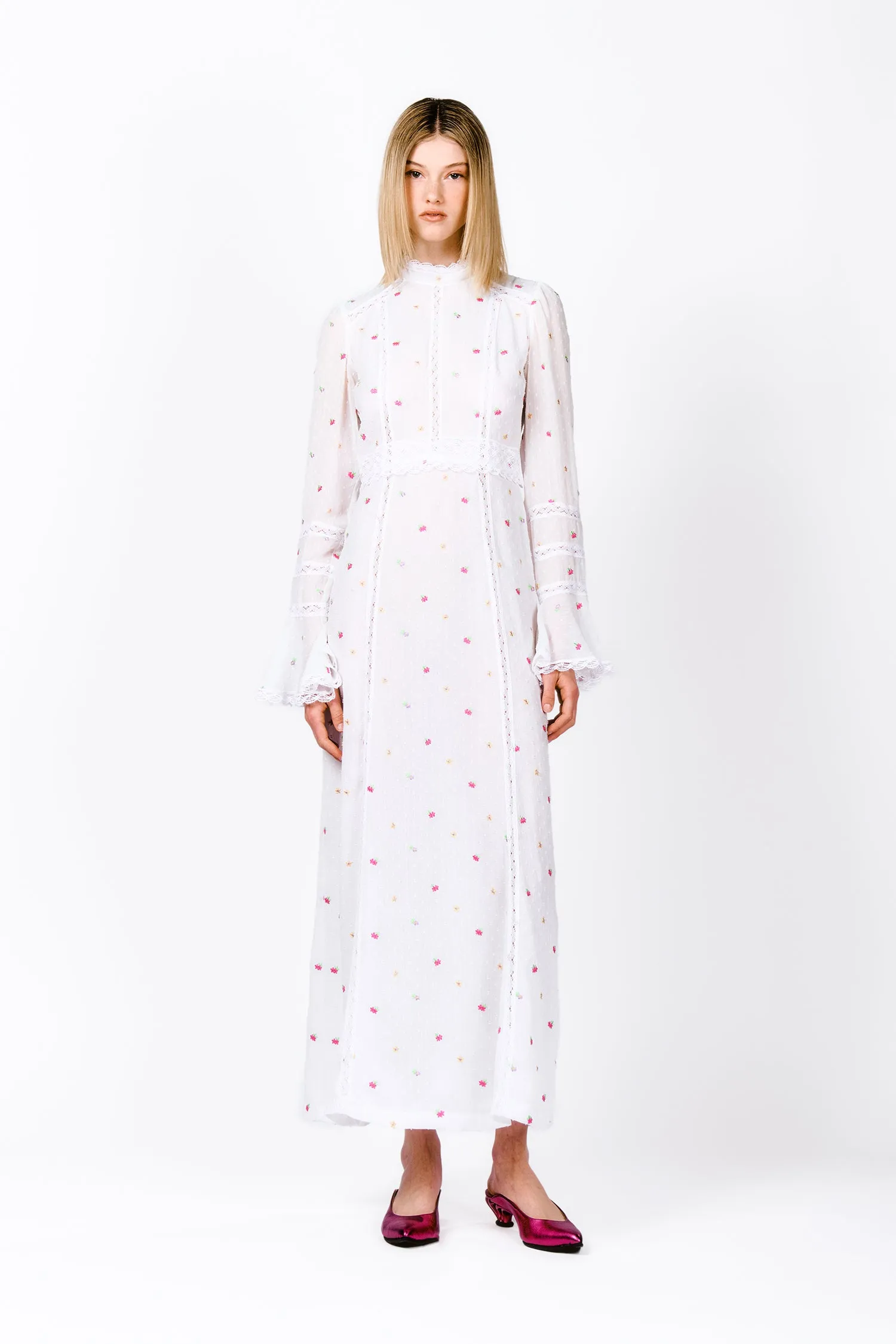 Cluny Lace Trimmed Floral Swiss Dot Maxi Dress