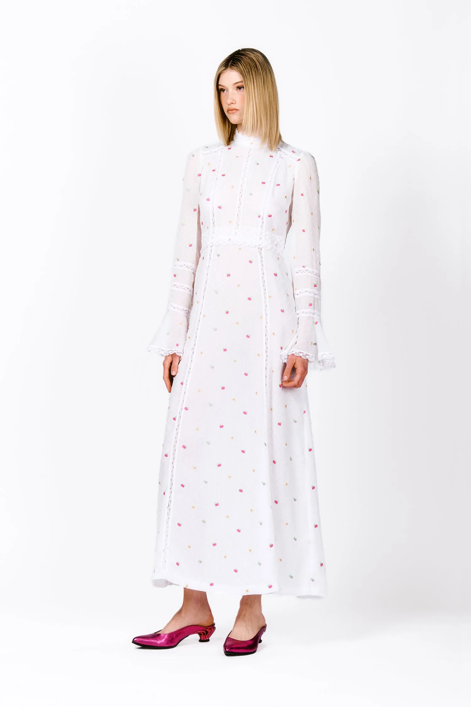 Cluny Lace Trimmed Floral Swiss Dot Maxi Dress