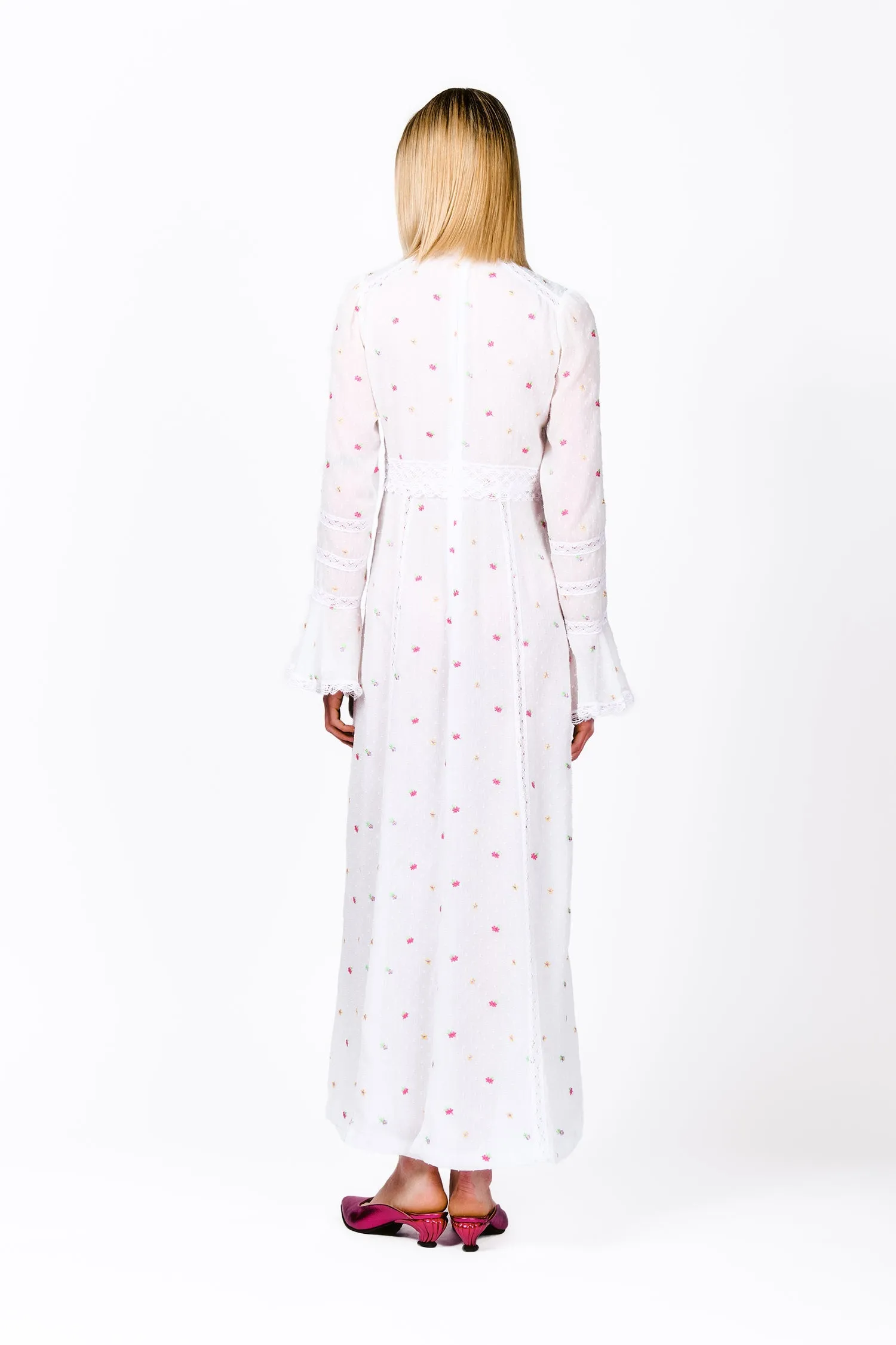 Cluny Lace Trimmed Floral Swiss Dot Maxi Dress