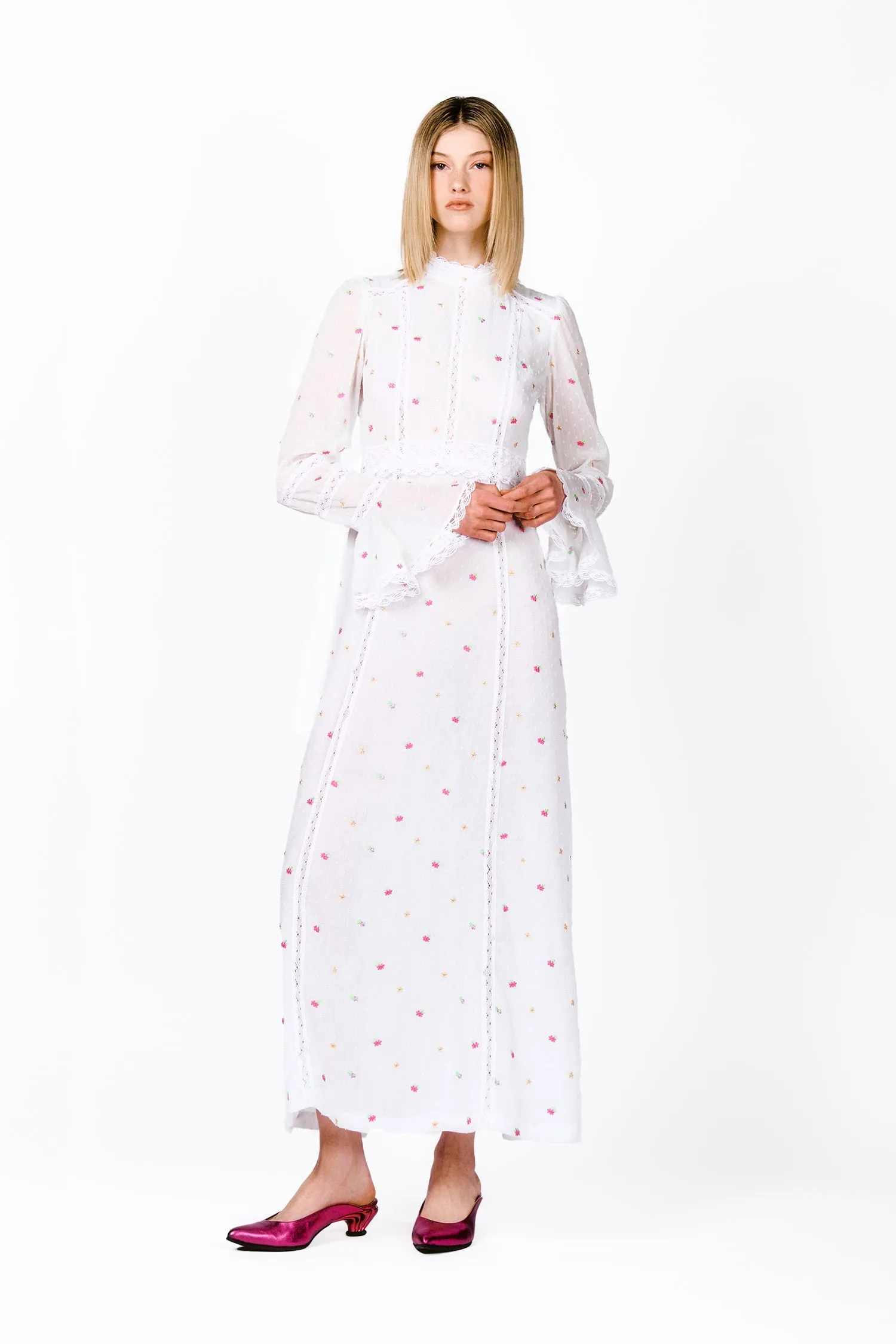 Cluny Lace Trimmed Floral Swiss Dot Maxi Dress