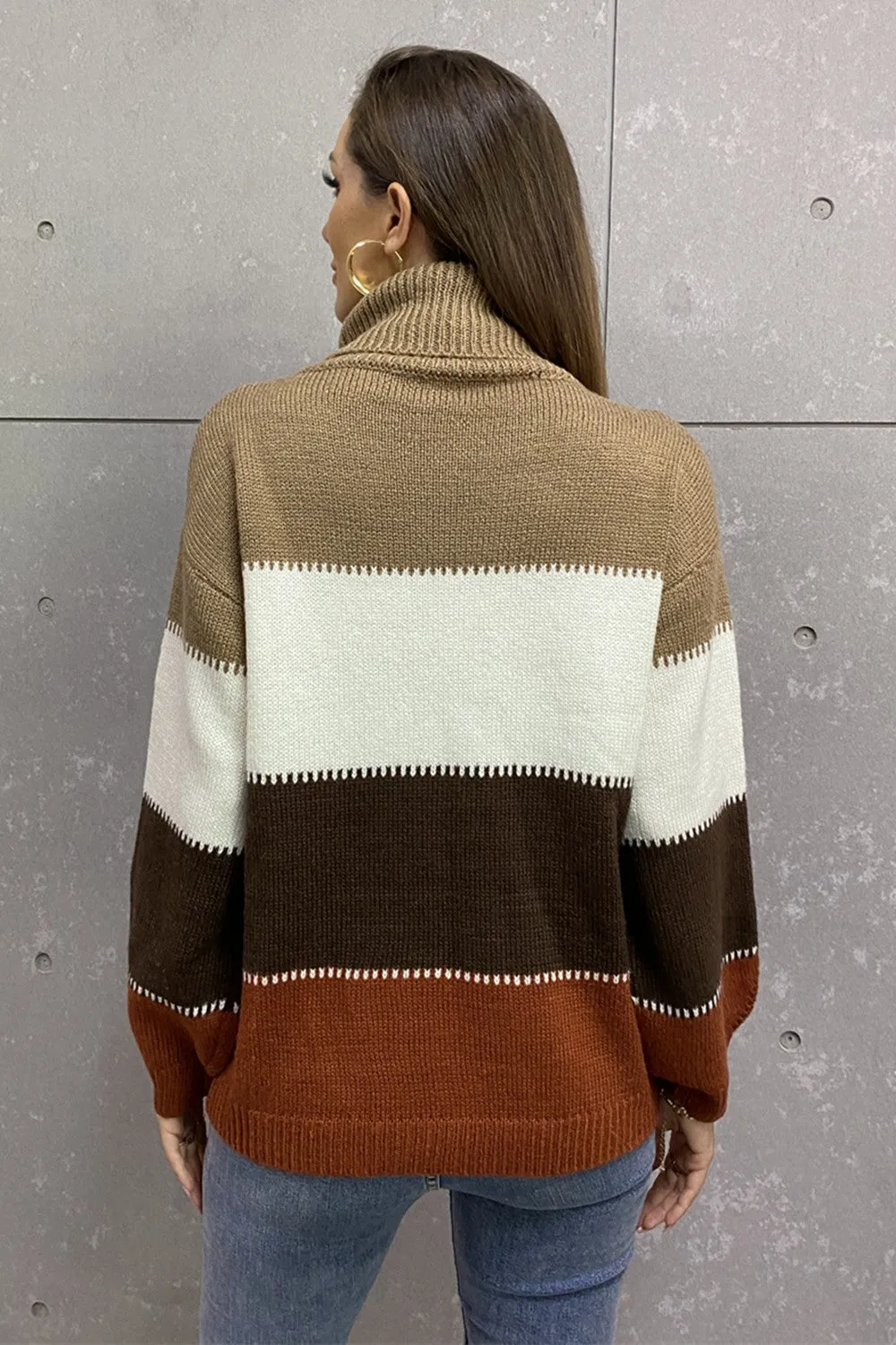 Color Block Lantern Sleeve Turtleneck Sweater