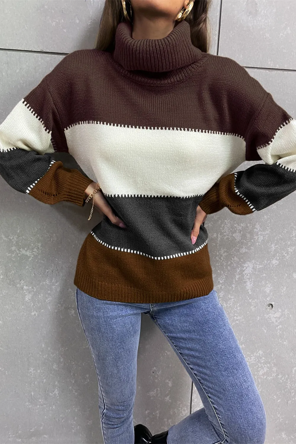 Color Block Lantern Sleeve Turtleneck Sweater