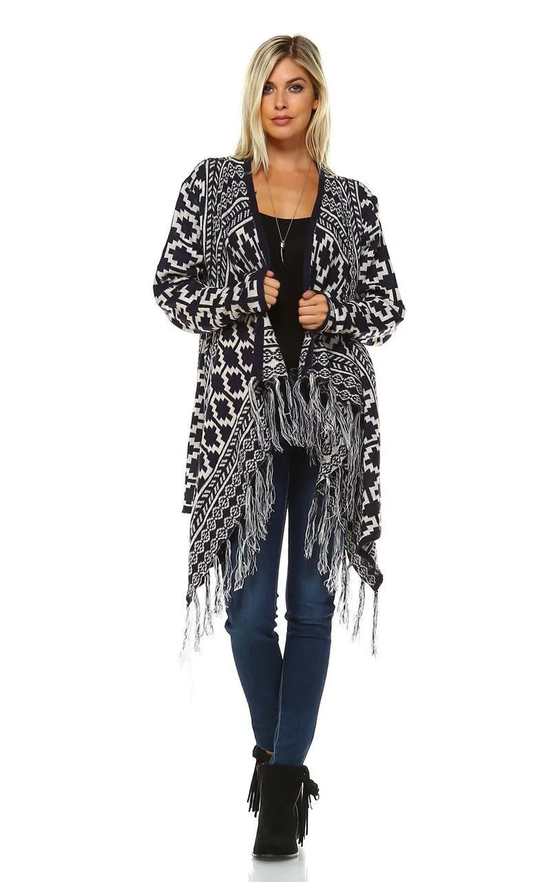 Cowl Aztec Cardigan Tribal Sweater Ponchos Navy White