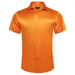 DiBanGu Button Shirt Summer Carrot Orange Solid Silk Men's Short Sleeve Shirt Top