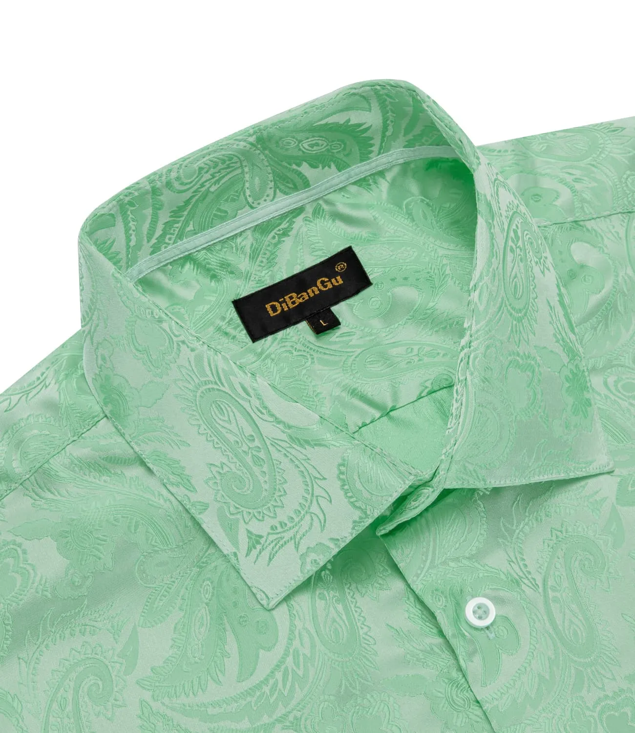 DiBanGu Collared Shirt Turquoise Green Paisley Silk Button Down Long Sleeve Shirt for Men